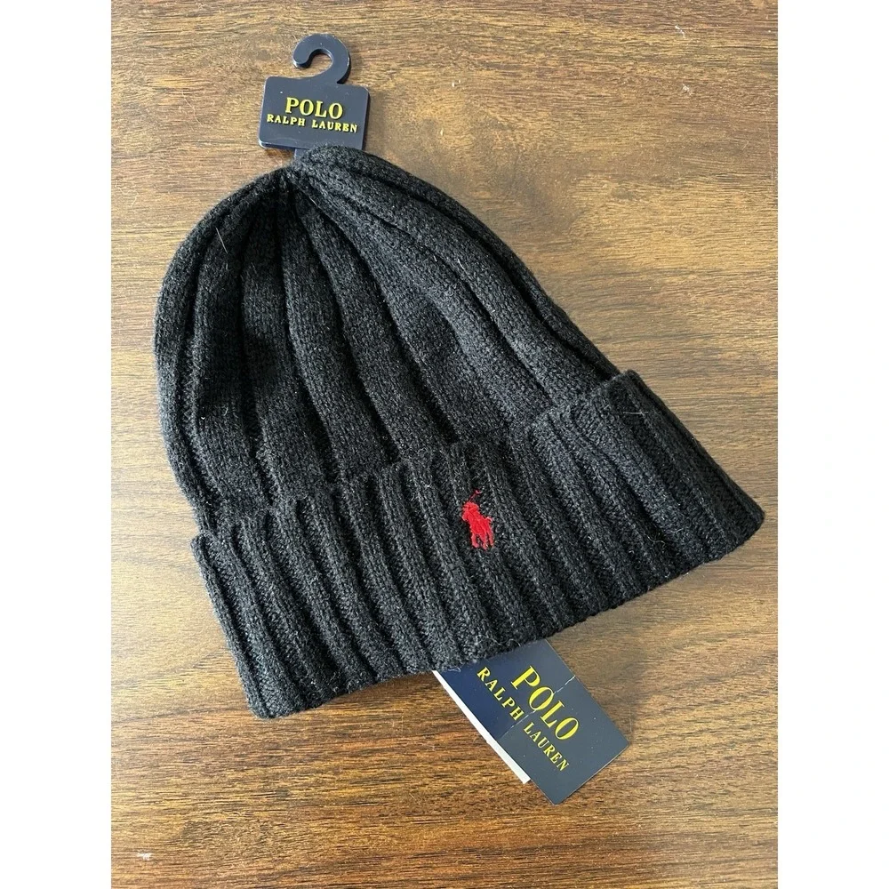 POLO RALPH LAUREN BLACK Wool-Blend Beanie Red Pony‎ Cuff rib-knit Hat